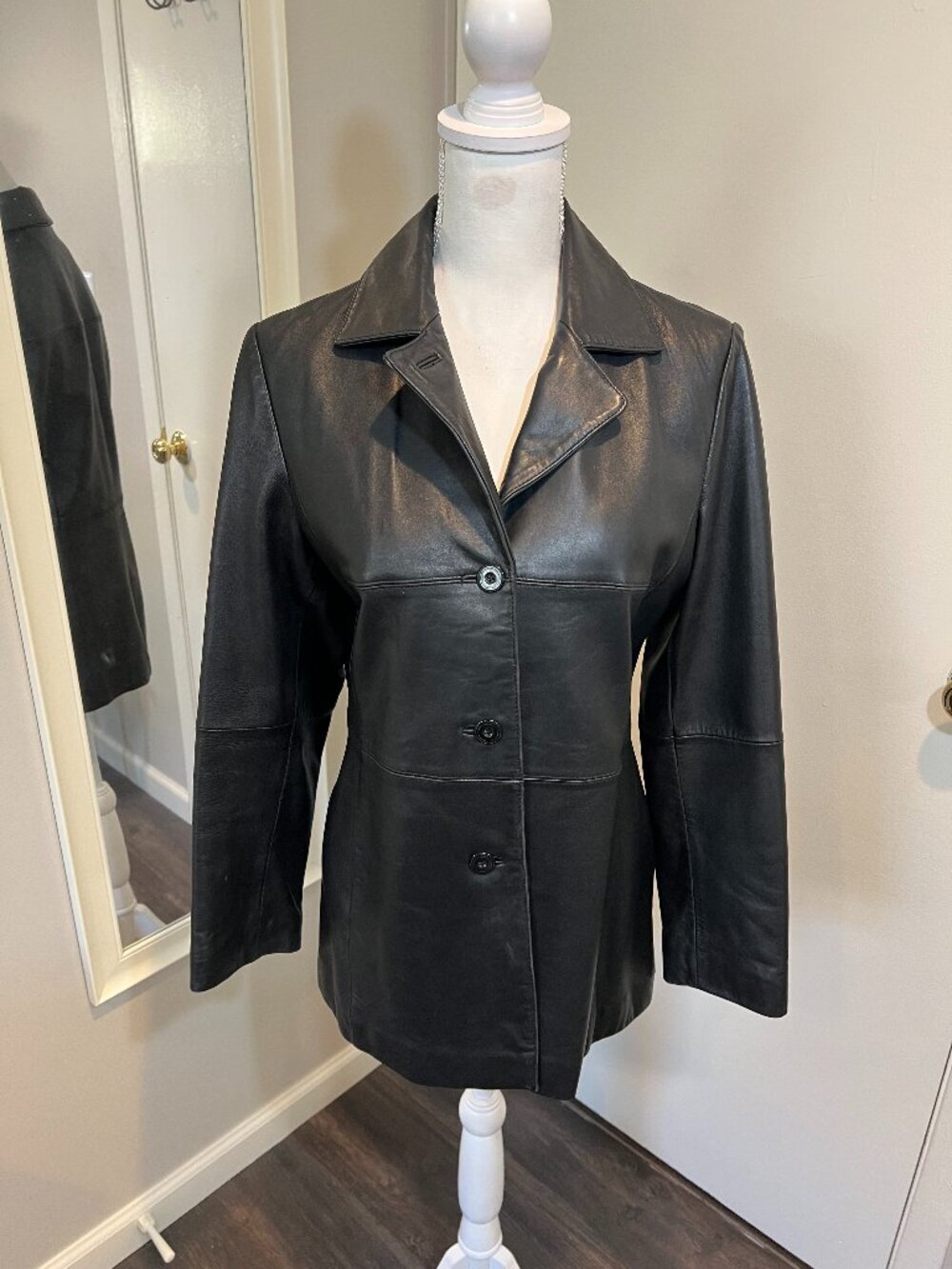 Charles Klein Black Genuine Leather Button Down Jacket, Size Medium